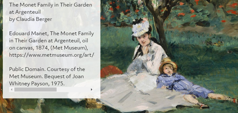 a screenshot of a project built in Storiiies, showing a painting by Manet with a grey text box annotating the image with its credit information.